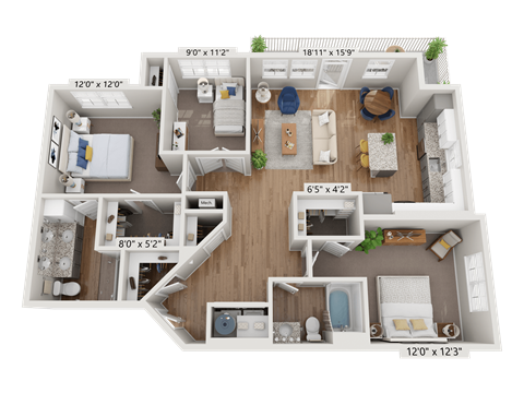 Floor plan for 3 beds, 2 baths, 1285 sqft